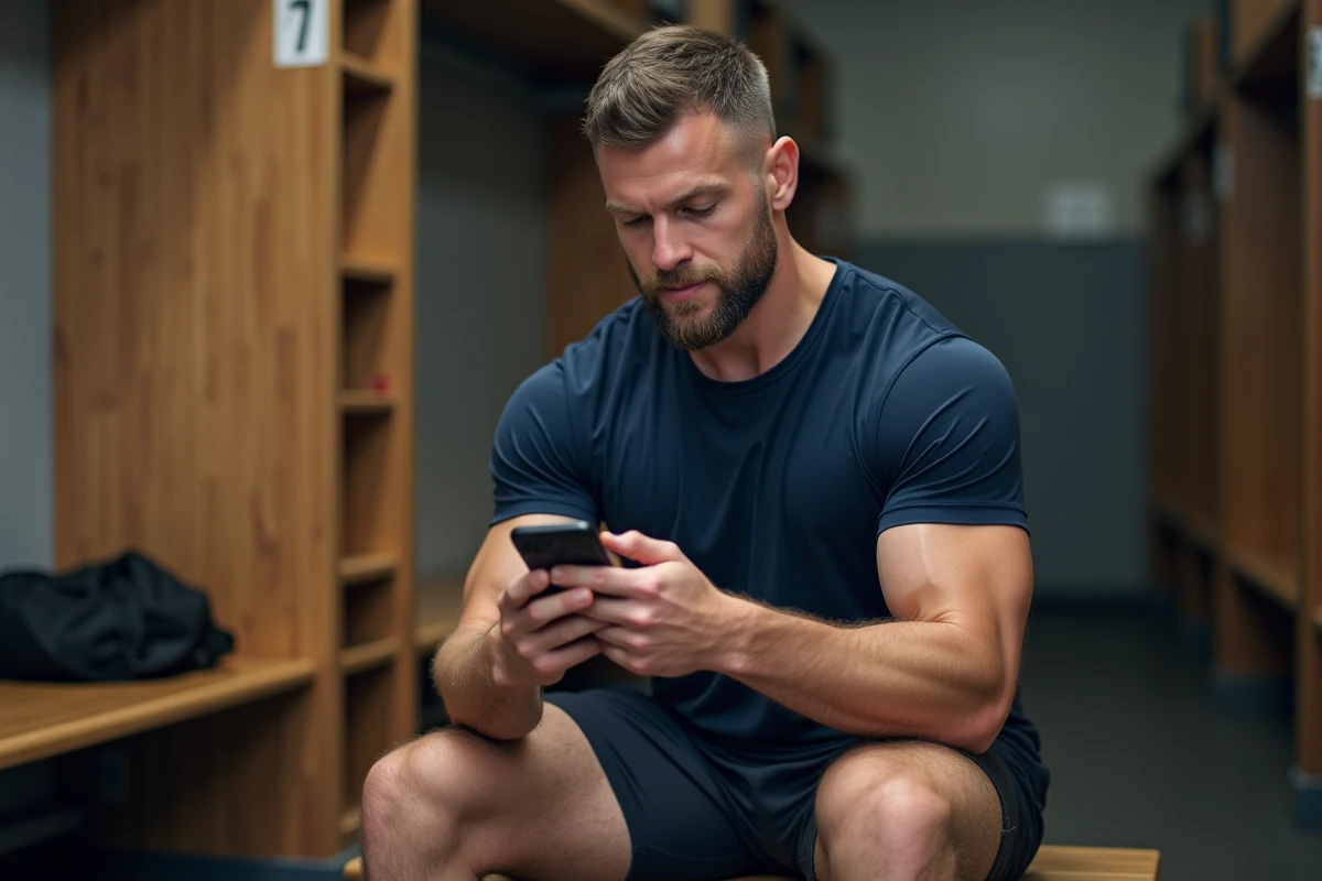 Homme consultant son abonnement Basic-Fit sur smartphone assis dans un vestiaire de salle de sport
