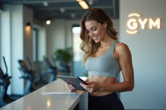 Femme consultant un abonnement de salle de sport sans engagement sur une tablette à l'accueil d'un fitness center moderne