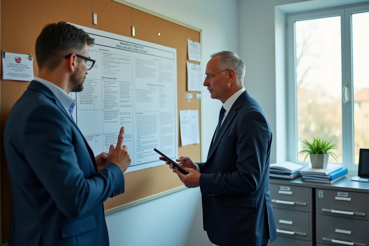Administrateurs du district FFF Yvelines analysant l'organigramme des commissions dans les bureaux officiels de la fédération