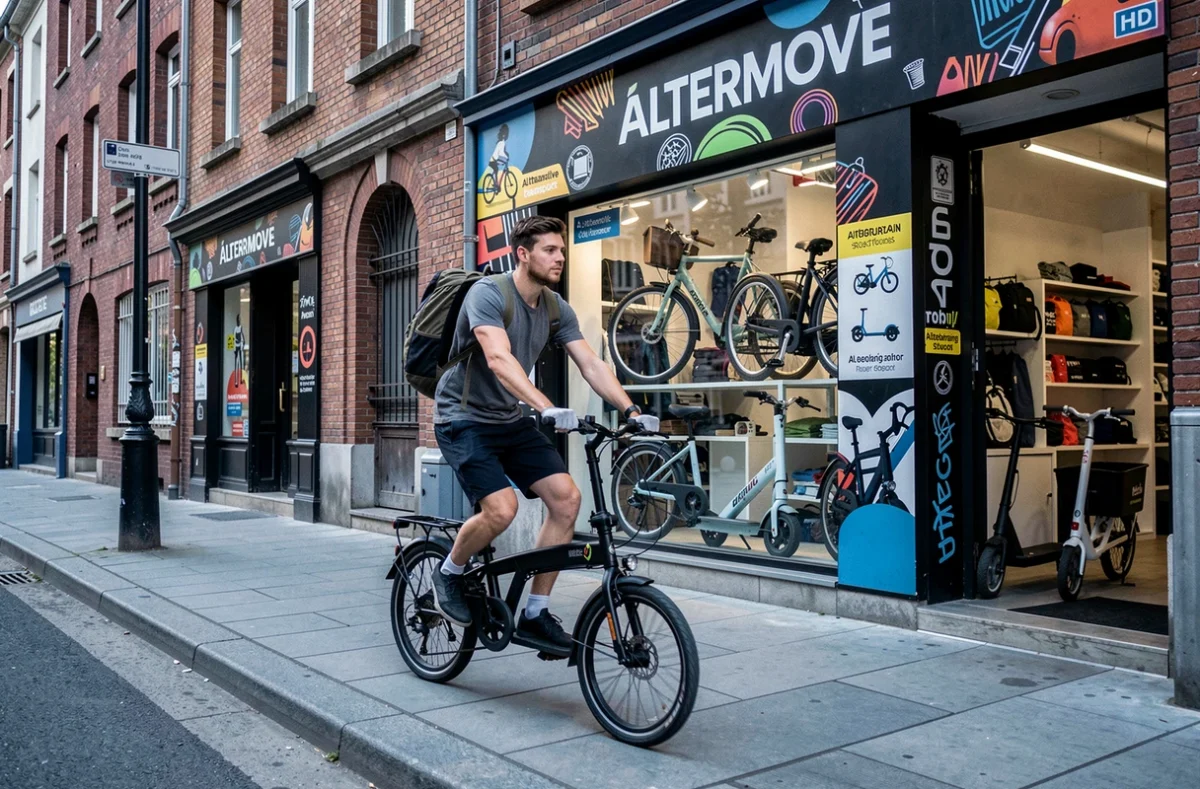 Jeune homme testant un vélo électrique pliant devant la boutique Altermove spécialisée en mobilité urbaine alternative