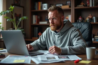 Homme analysant des rumeurs WWE sur un forum en ligne depuis son bureau à domicile rempli de documents et de notes
