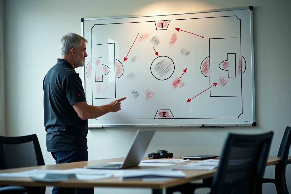 Entraîneur de football devant un tableau tactique analysant la reorganisation du milieu de terrain de l'Inter Milan après le départ de Brozovic