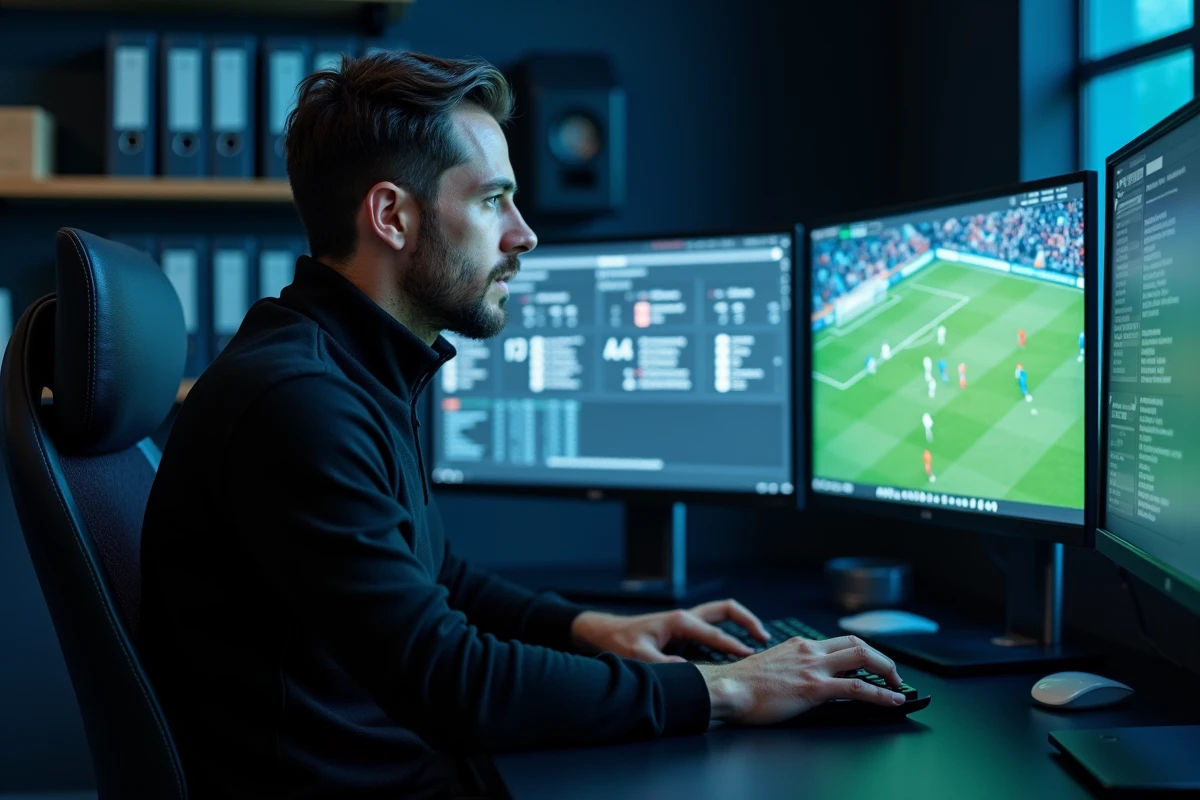 Analyste vidéo football étudiant des données tactiques et cartes de chaleur sur écrans dans une salle d'analyse professionnelle Inter Milan