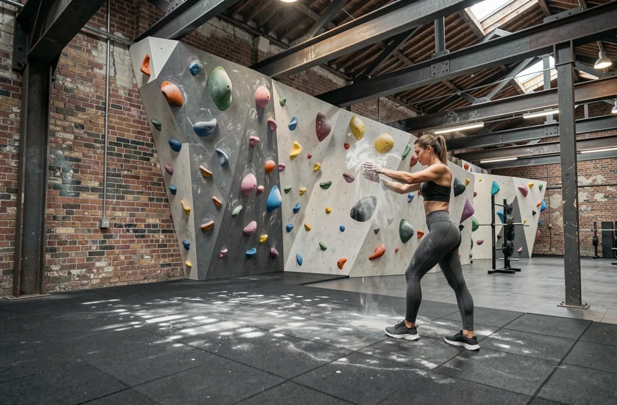 Espace de fitness et mur d'escalade de bloc chez Annette K. à Paris, combinant entraînement physique et grimpe sportive