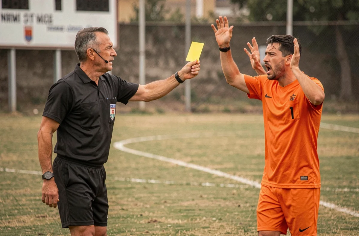 Arbitre montrant un carton jaune à un joueur lors d'un match à enjeu dans le classement de district