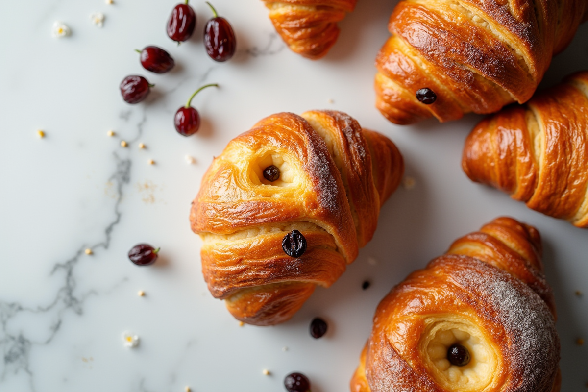 Assortiment de viennoiseries sur plan de travail en marbre