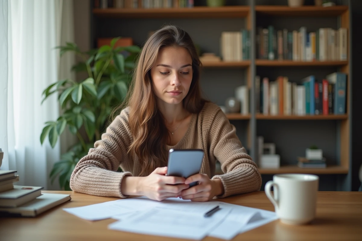 Femme consultant des documents d'assurance pour une trottinette électrique Urban Glide 140 à son bureau