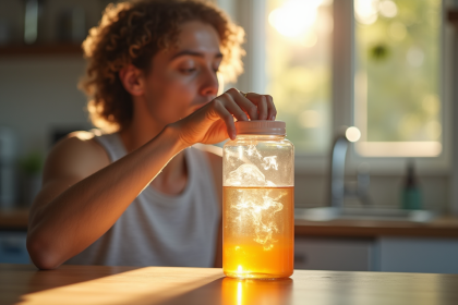 Jeune athlète buvant une boisson à la taurine dans une cuisine lumineuse