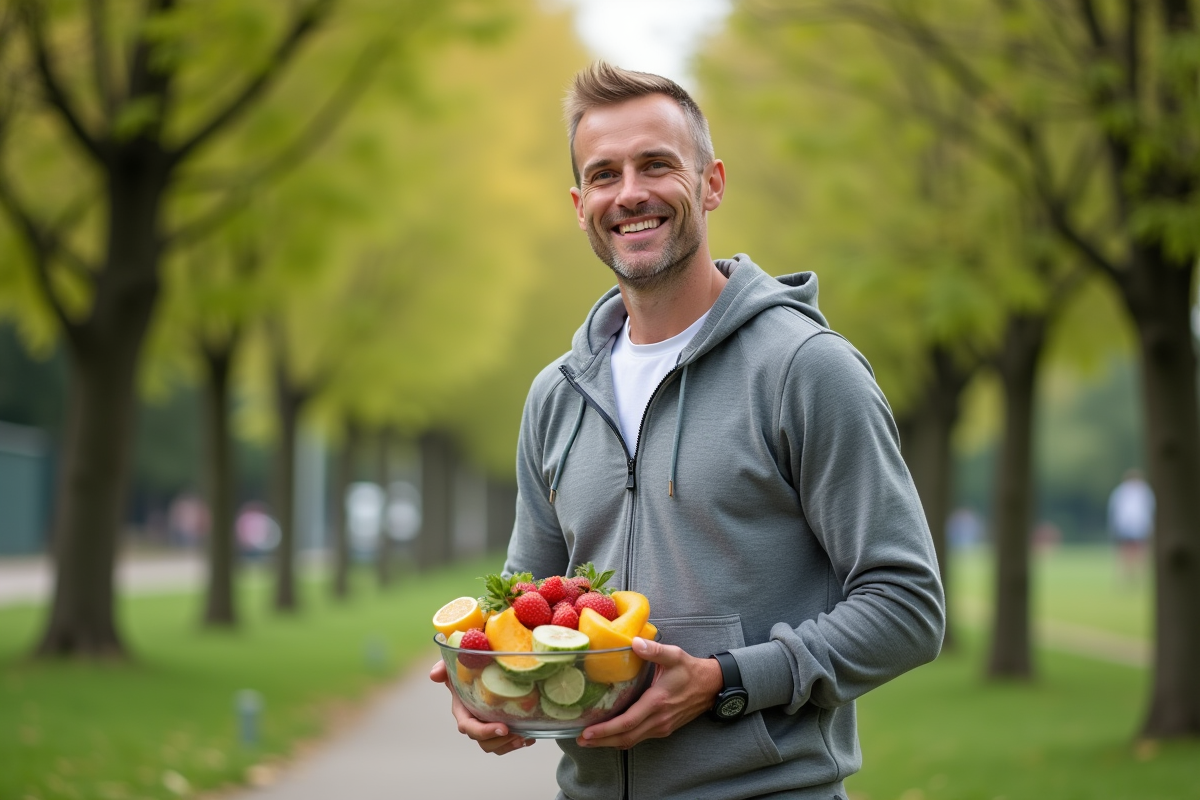 Homme athlète souriant avec salade de fruits dans un parc