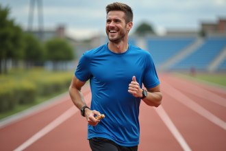 Athlète homme en pleine pause course mange une barre énergétique