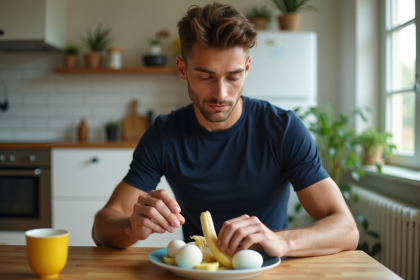 Jeune athlète mangeant un petit déjeuner sain à la maison