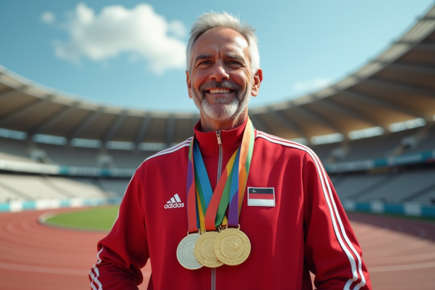 Champion olympique homme avec médailles en extérieur