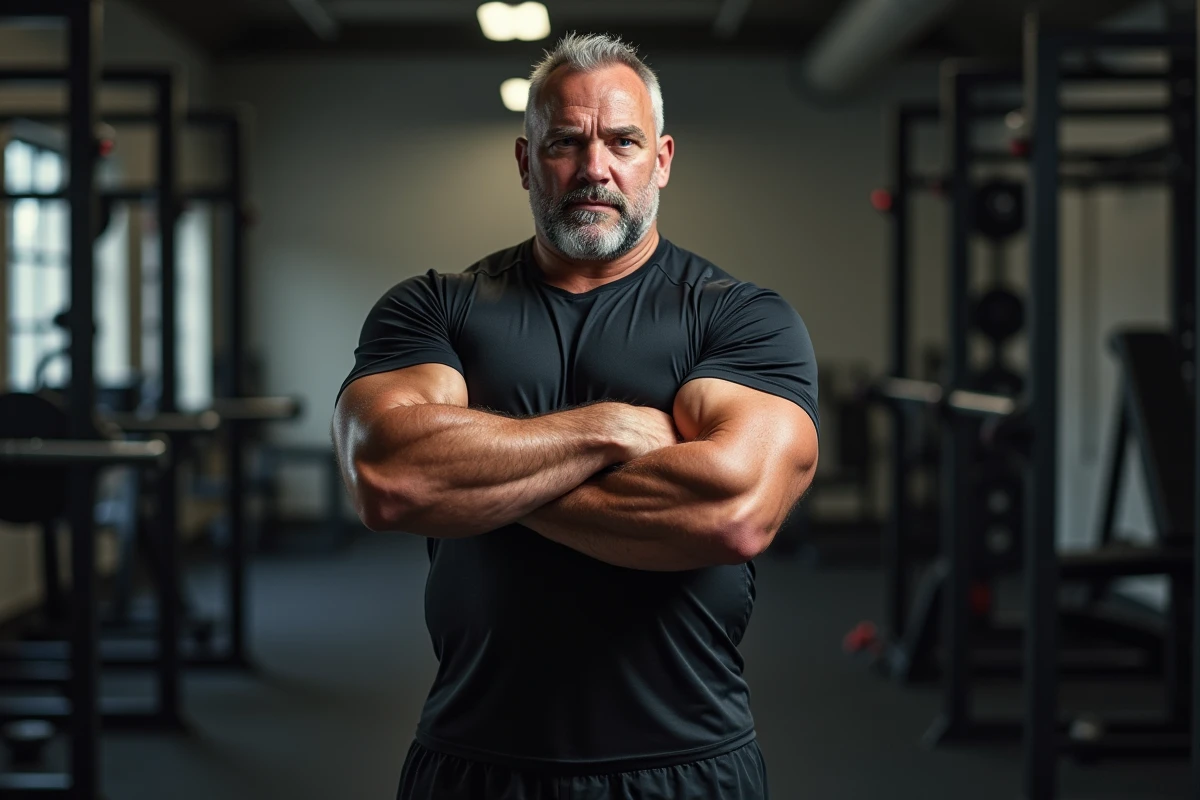 Athlète de fitness très musclé en salle de sport illustrant le débat sur le gabarit naturel versus dopé
