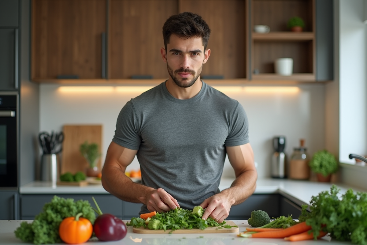 Jeune athlète préparant une salade colorée dans la cuisine
