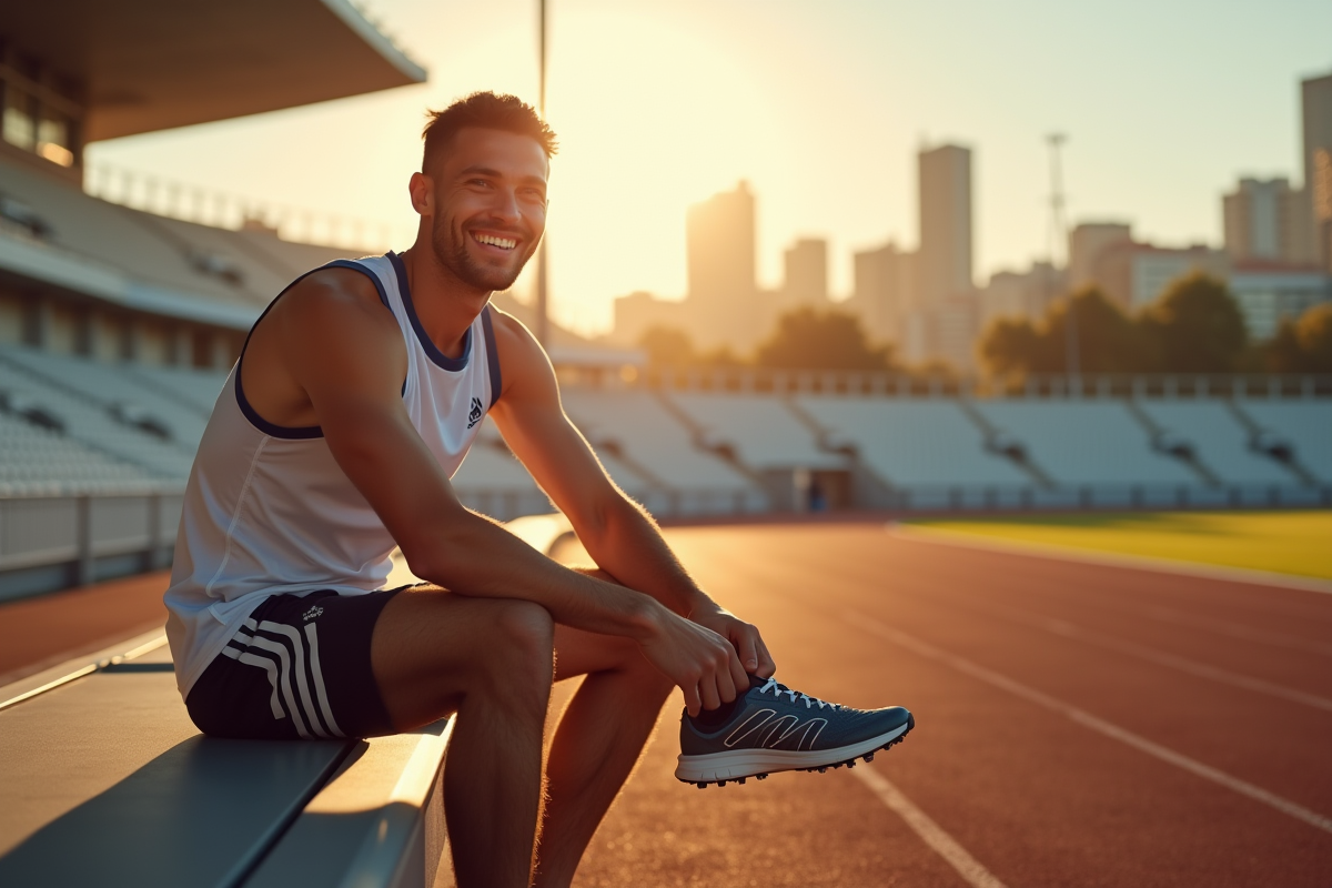 Athlète français détendu après l entraînement dans un stade moderne