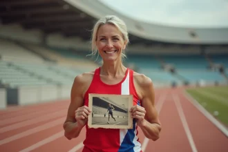 athlète féminine nostalgique avec photo de course