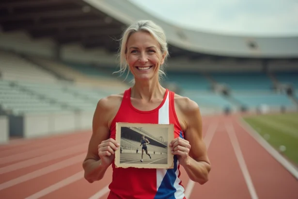 athlète féminine nostalgique avec photo de course