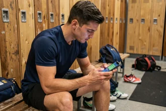 Athlète masculin consultant l'application ideosport.fr sur smartphone dans un vestiaire après l'entraînement