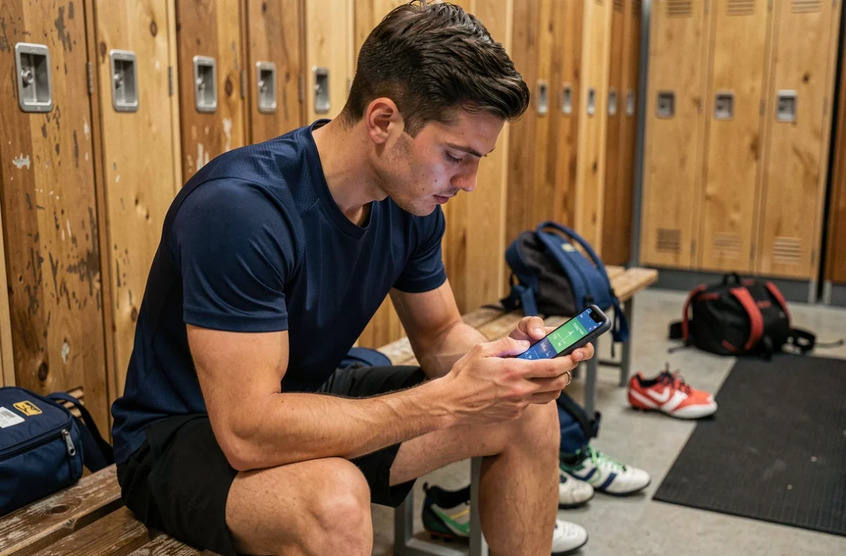 Athlète masculin consultant l'application ideosport.fr sur smartphone dans un vestiaire après l'entraînement