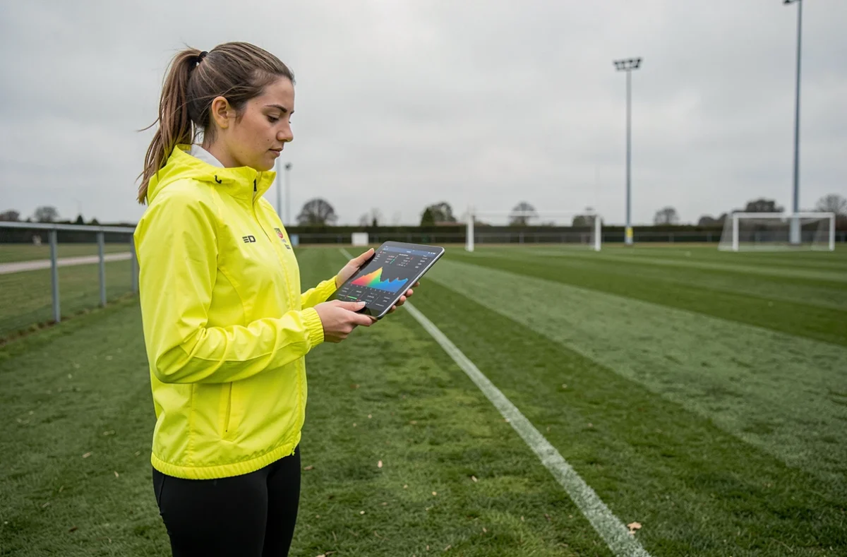Athlète féminine analysant des données sportives sur tablette au bord d'un terrain de football