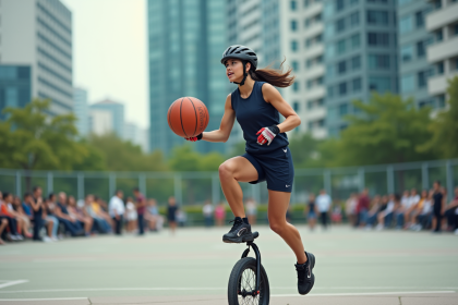 Jeune athlète en unicycle en action lors d'un match urbain