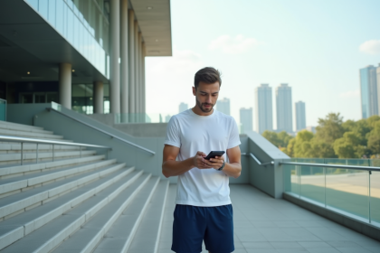 Jeune athlète regardant son smartphone devant un stade moderne