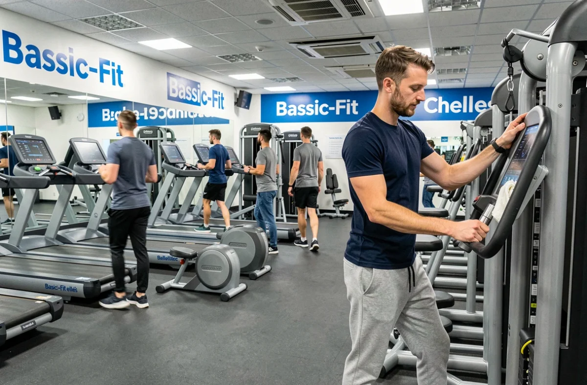 Salle de sport Basic-Fit Chelles avec équipements compacts, signalétique bleue et adhérent en train d'utiliser les machines