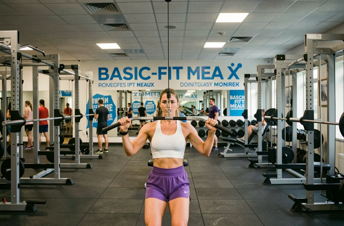 Zone de musculation de Basic-Fit Meaux avec femme sur machine à tirage et fresques murales bleues de la marque