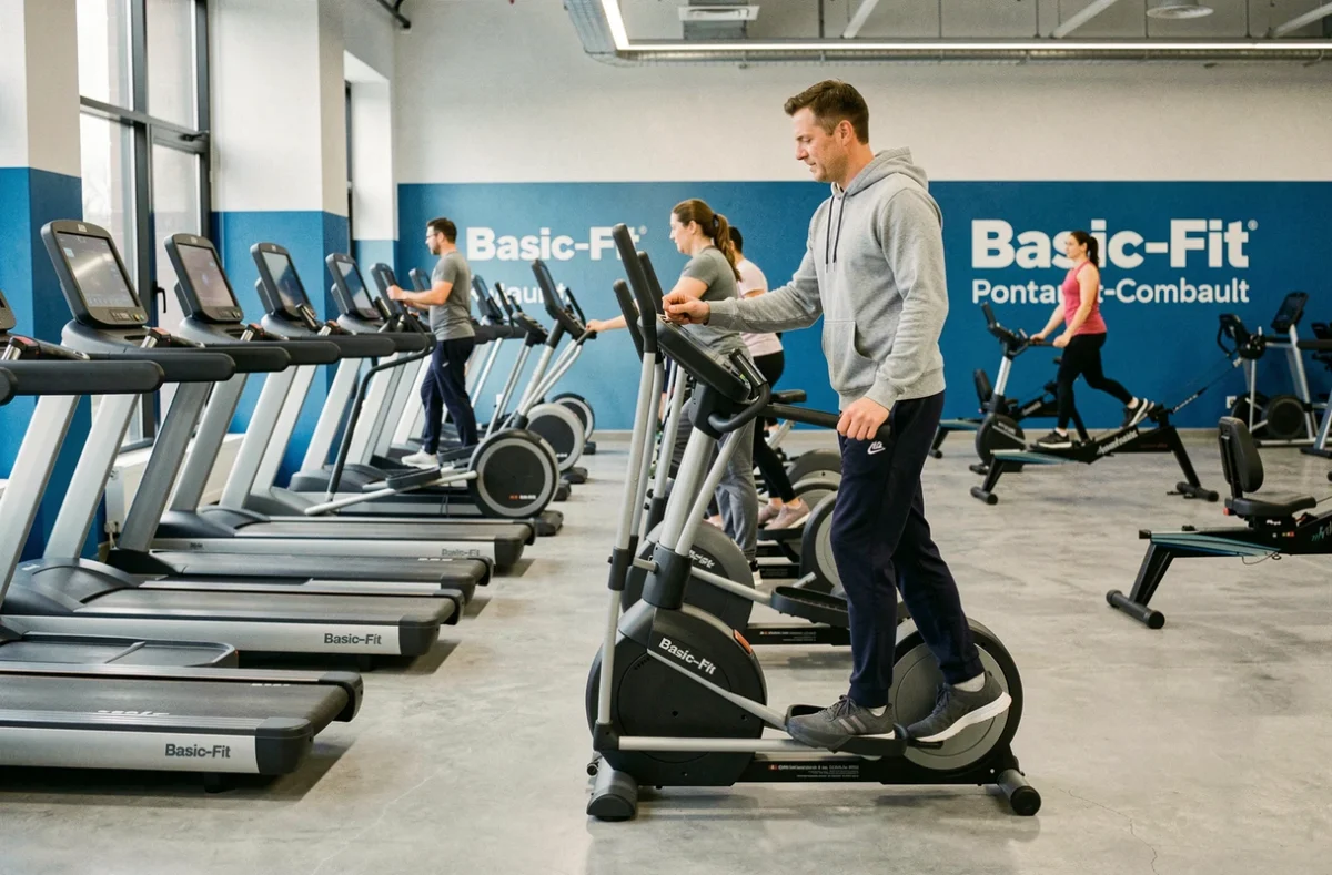 Salle de cardio Basic-Fit Pontault-Combault avec elliptiques et rameurs alignés et adhérent s'installant sur un appareil