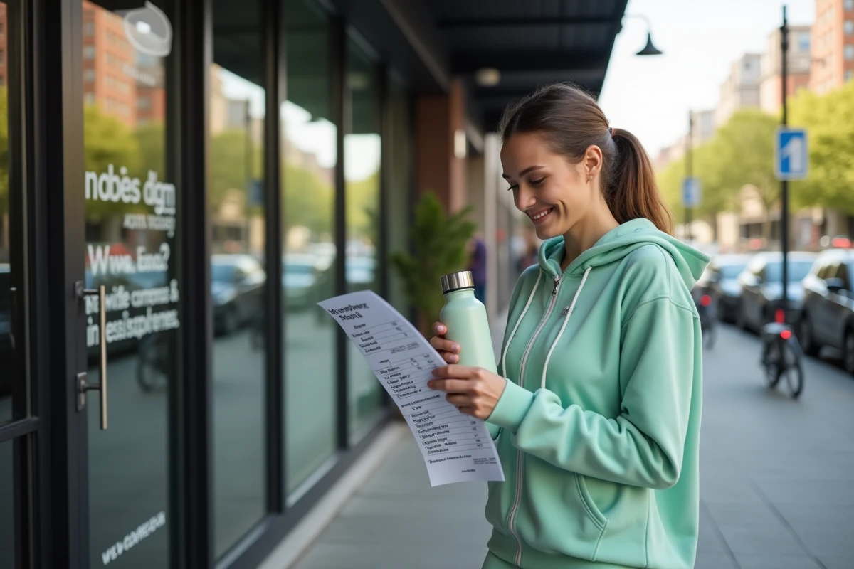 Jeune femme devant l'entrée d'une salle Basic-Fit consultant les tarifs d'abonnement mensuel sans engagement