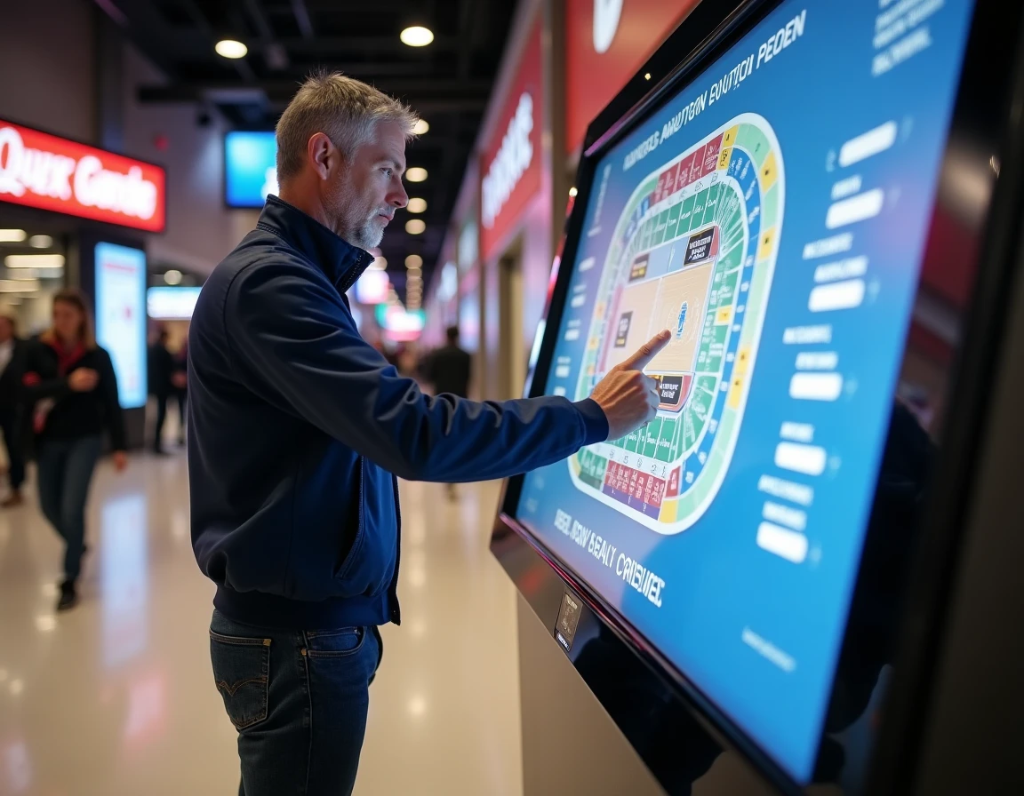 Homme consultant une borne de billetterie interactive pour choisir les meilleurs sièges lors d'un match de basket à New York