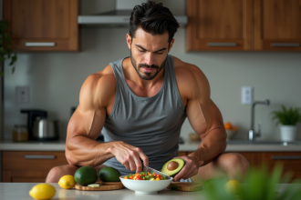 Muscleur en cuisine coupe un avocat frais