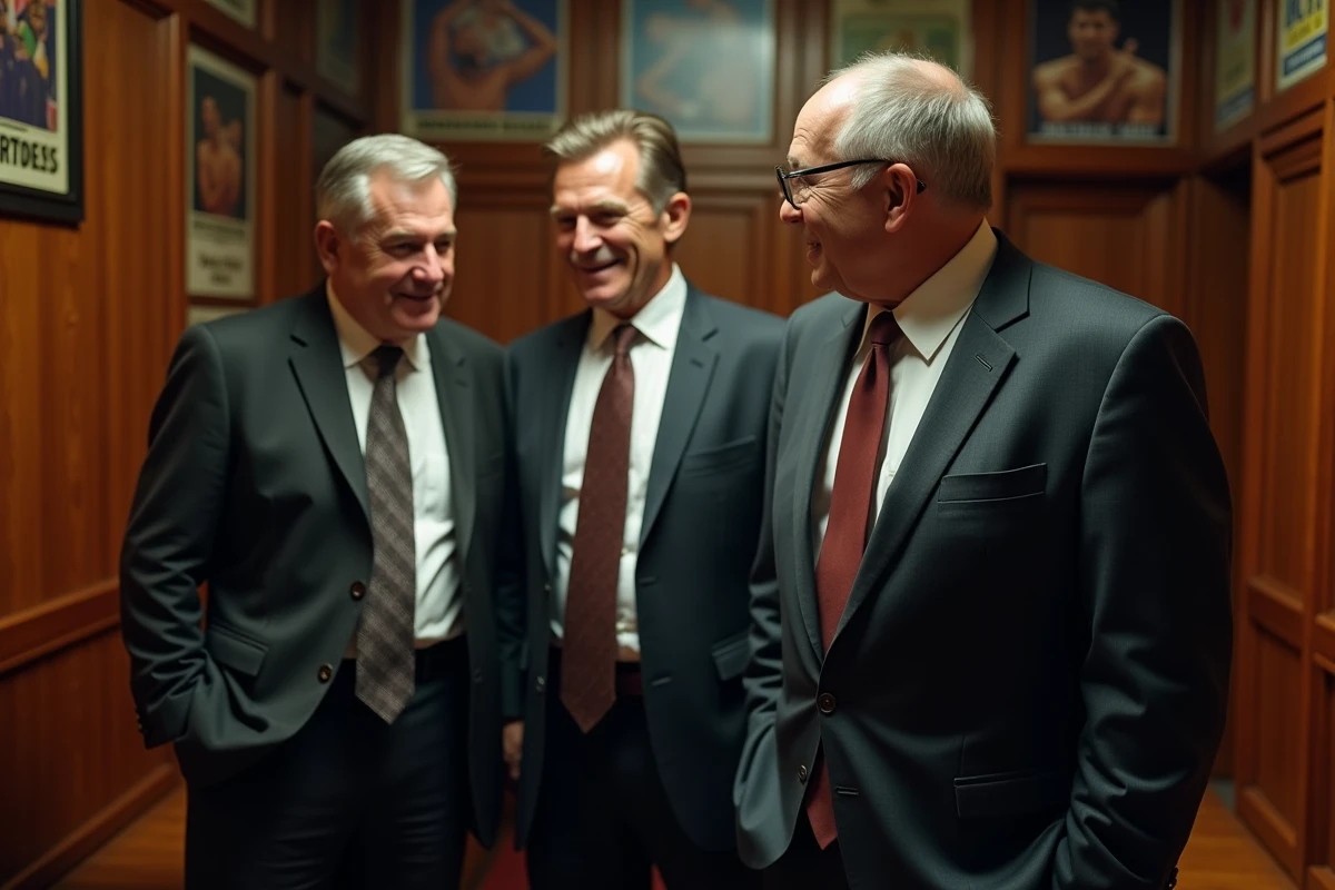 Trois boxeurs en costumes dans un vestiaire vintage