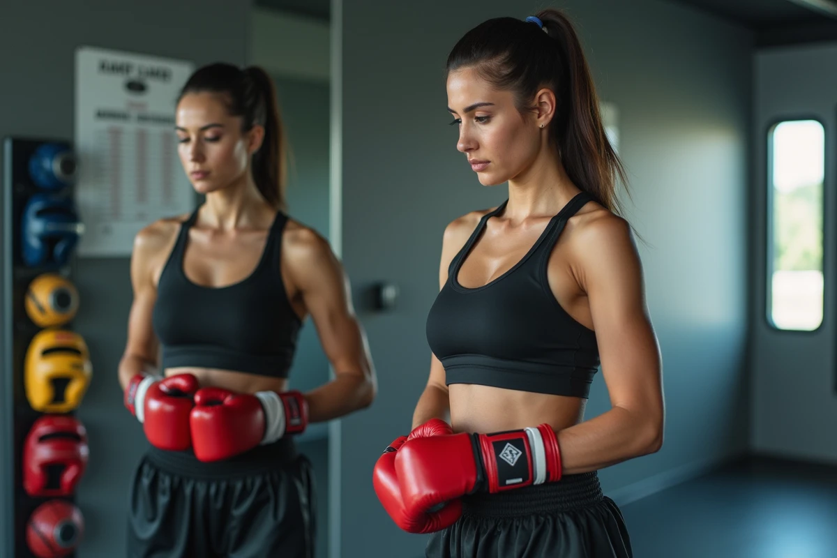 Femme boxeuse préparant ses gants dans un gym moderne