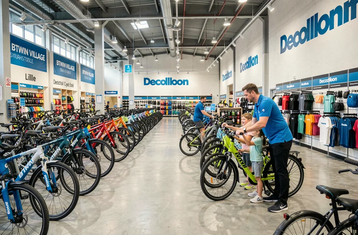 Intérieur du Btwin Village Decathlon Cycle à Lille, vaste showroom avec des centaines de vélos Btwin et un conseiller aidant une famille