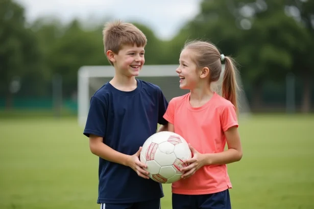 Garçon et fille de 11 ans souriants tenant un ballon de football sur un terrain d'herbe verte, idée cadeau sport pour enfant