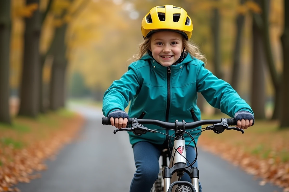 Fille de 11 ans à vélo VTT avec casque jaune dans un parc automnal, idée cadeau sport enfant mixte