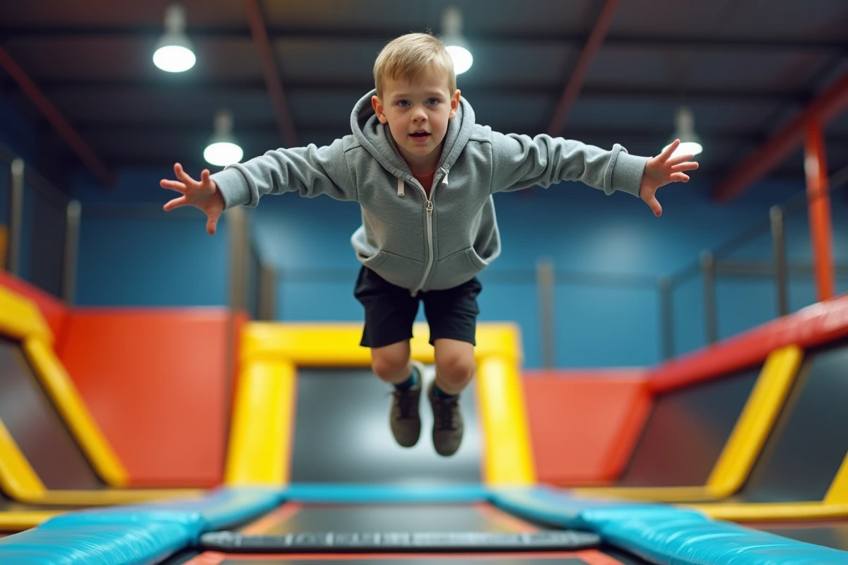 Garçon de 11 ans en saut acrobatique sur trampoline dans un parc intérieur coloré, idée cadeau sport pour enfant