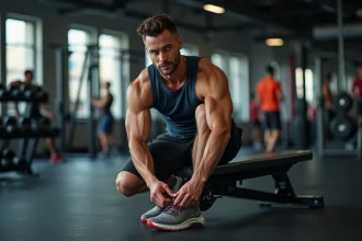 Homme sportif qui lace ses chaussures de running dans une salle de sport moderne avant l'entraînement