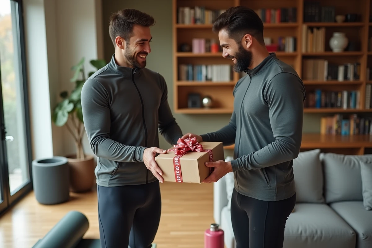 Deux amis sportifs échangeant un cadeau emballé dans un salon moderne avec équipement de fitness visible