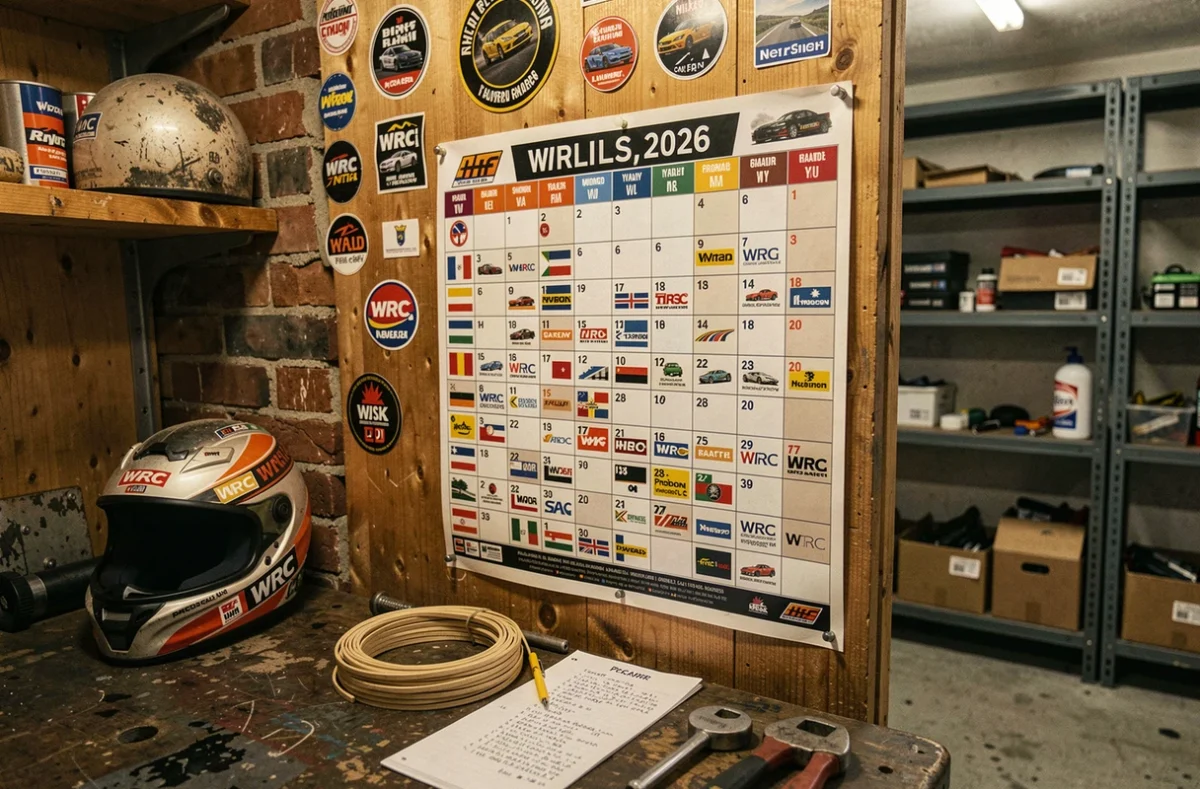 Calendrier WRC 2026 affiché dans un garage de mécanique entouré de memorabilia de rallye
