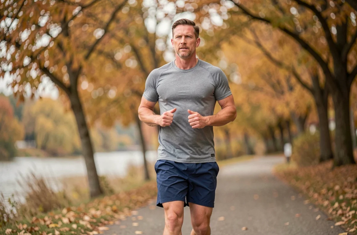 Homme pratiquant le jogging à rythme modéré sur un chemin en automne, représentant le cardio classique en endurance