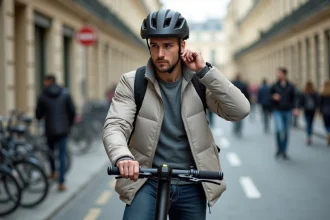 Homme portant un casque homologué avant de conduire une trottinette électrique Urban Glide 140 sur un boulevard parisien