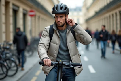 Homme portant un casque homologué avant de conduire une trottinette électrique Urban Glide 140 sur un boulevard parisien