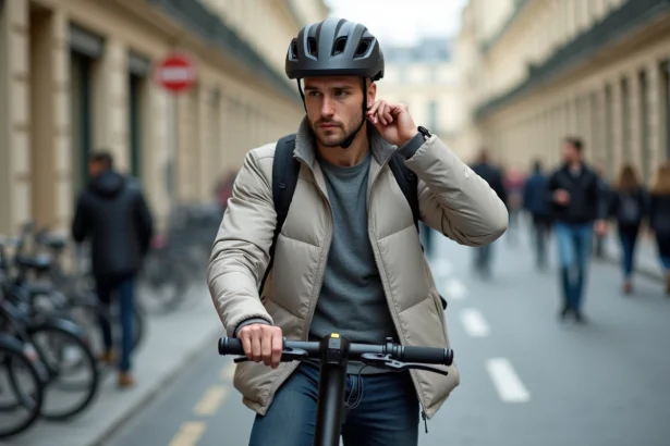 Homme portant un casque homologué avant de conduire une trottinette électrique Urban Glide 140 sur un boulevard parisien