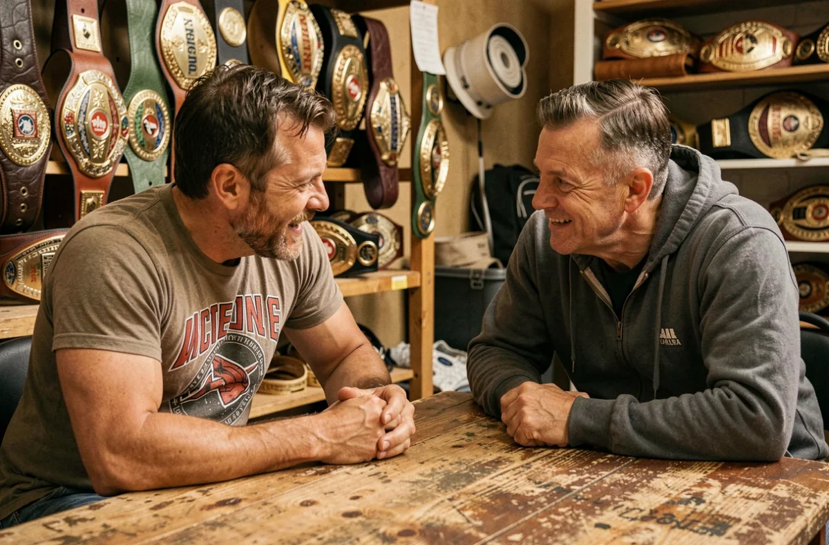 Deux catcheurs professionnels en conversation nostalgique en coulisses, illustrant l'héritage méconnu de Matt Hardy dans le catch moderne