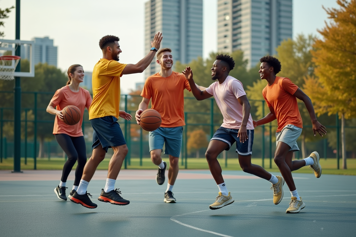 Jeunes célébrant un panier en extérieur