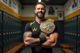 Lutteur musclé et barbe en tenue de combat avec ceinture de champion