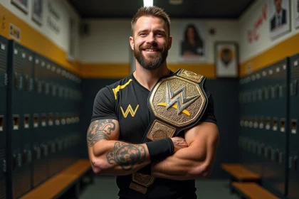 Lutteur musclé et barbe en tenue de combat avec ceinture de champion