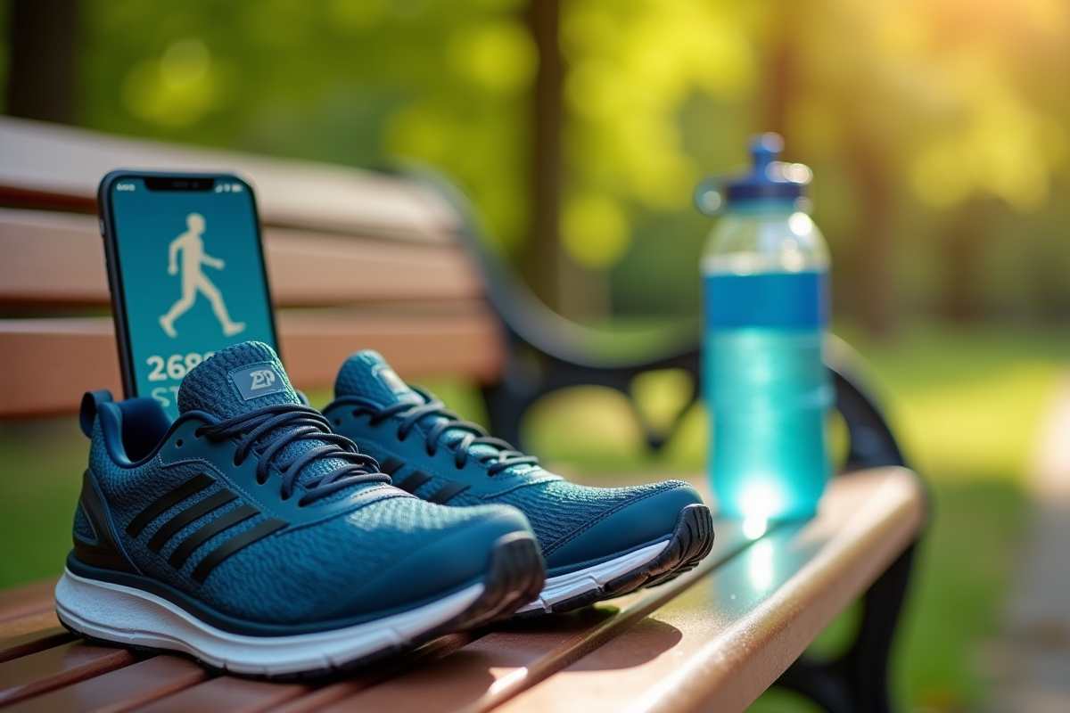 Chaussures de marche et smartphone avec 20000 pas sur un banc
